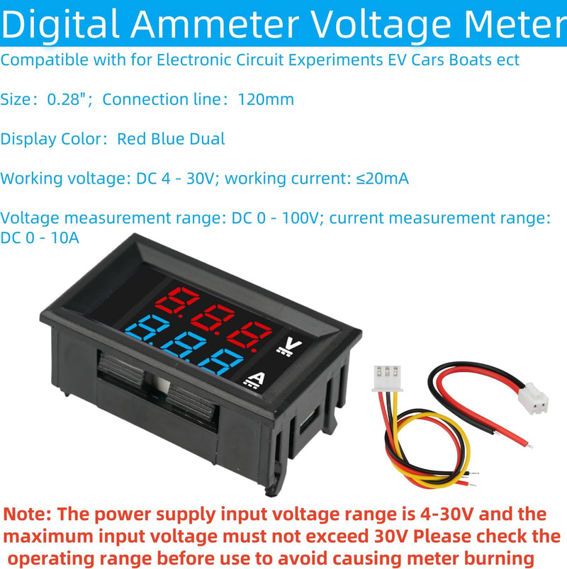 [Australia - AusPower] - 3Pcs Ammeter Voltage Meter Digital DC 0-100V 10A 0.28" LED Display Red Blue Dual with Connect Wires Compatible with for Electronic Circuit Experiments EV Cars Boats ect 