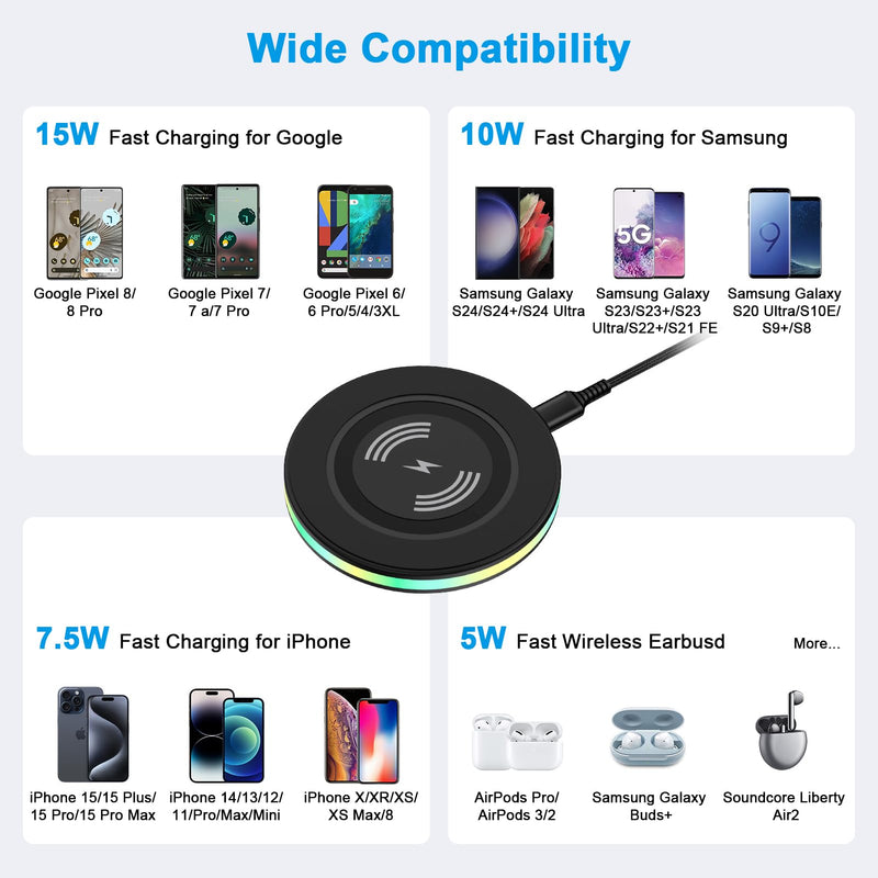 [Australia - AusPower] - 15W Samsung Wireless Charger Fast Charging for Samsung Galaxy S24 S23 Ultra S22+ S21 S20 FE S10 S9, Wireless Charger Pad Phone Charging Station for iPhone 15 14 13 12 11, Google Pixel 8 Pro 7a 6 Pro 1-Pack Black 