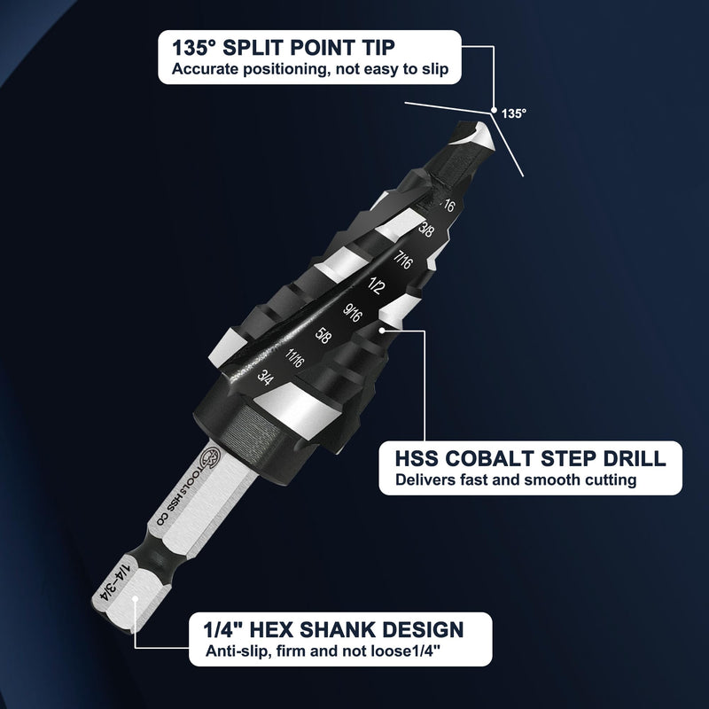 GMTOOLS M35 Four Spiral Flute Cobalt Step Drill Bit Set 1/8"-7/8", Industrial Grade Wear-Resistant TiAlN Coated 1/4" Hex Shank Step Bit for Metal, Stainless Steel, Aluminum, Wood, Plastic (3pcs) Four blade 3PC