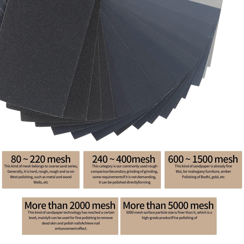 Tomoyuki Wet Sandpaper 120-7000 Grit Sandpaper Set 45 Pieces | Emery Paper for Polishing and Sanding for Car, Wood Furniture, Stone, Paint, Metal, Glass - 9 x 3.9 Inch 120-7000 Grit 46