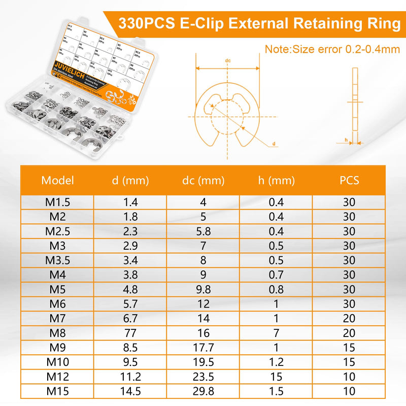 [Australia - AusPower] - E Clip Circlip Assortment Kit 330PCS 14 Size 304 Stainless Steel External Retaining Rings Washer Circlip Rings Kit Metric E Clip for Bearings Gears Pulleys,Axles Includes Sizes of M1.5-M15 Silver Stainless 330PCS E-Clips 