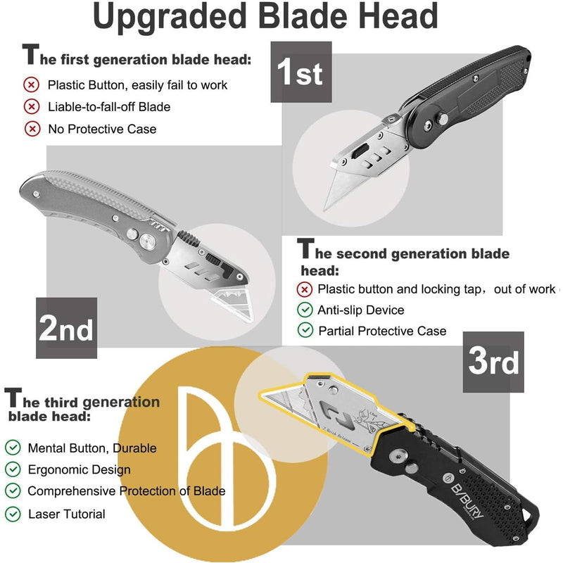 [Australia - AusPower] - Utility Knife, BIBURY Upgraded Version Heavy Duty Box Cutter, Pocket Carpet knife with 10 Replaceable SK5 Stainless Steel Blades, Belt Clip, Easy Release Button, Quick Change and Safety Lock-Black Black 