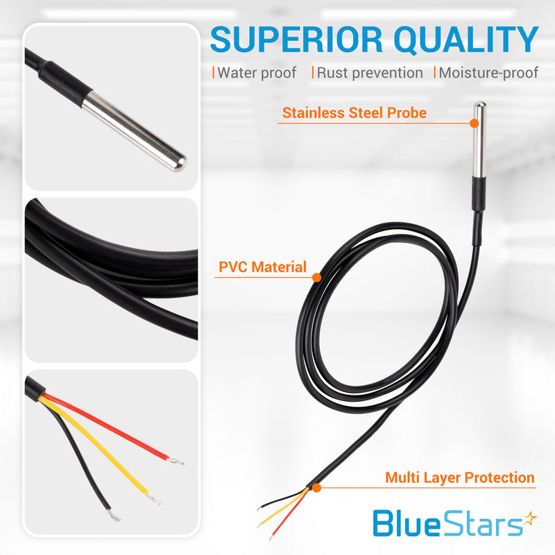 [Australia - AusPower] - BlueStars Pack of 5 DS18B20 1-Wire Temperature Sensor Waterproof Digital Stainless Steel 1m/39.37 inch - Measure Range -55°C to 125°C Used for Arduino Raspberry Pi and Others 