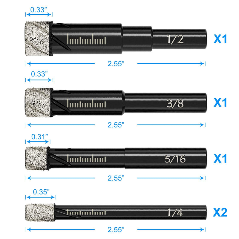 [Australia - AusPower] - Dry Diamond Drill Bits Set, 5 Pcs Tile Drill Bits for Porcelain, Ceramic, Granite, Marble, Stone, Glass Hard Materials, Round Shank 1/4", 5/16", 3/8", 1/2" Drill Bits, with Storage Case 5 Pcs Diamond Bits 