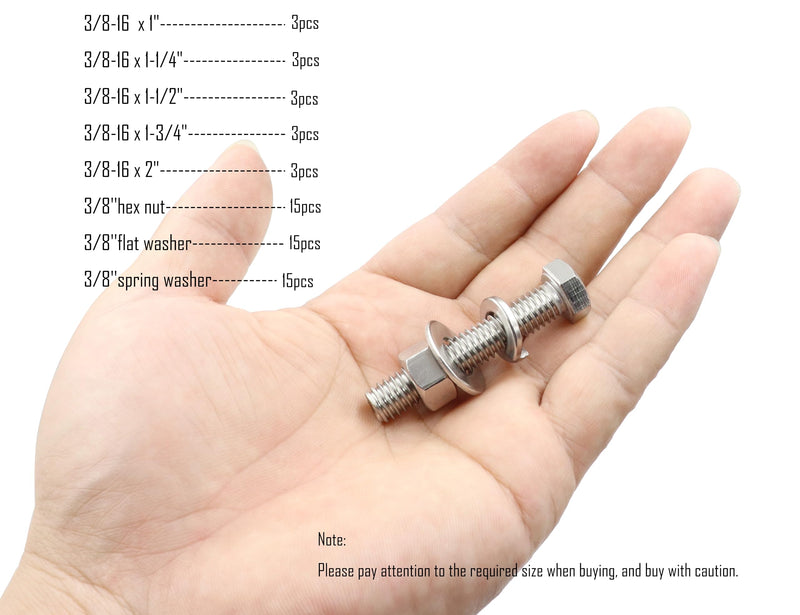 [Australia - AusPower] - LBY 60pcs Hex Bolts Nuts Flat Spring Washers Assortment Kit, 3/8-16 × (1" ~ 2") Hex Bolts, 5 Sizes (with Nuts and washers), 304 Stainless Steel (Silver) 