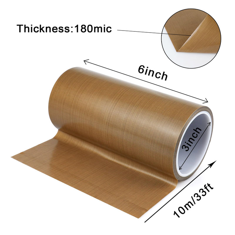 BOMEI PACK PTFE Glass Cloth Tape 6.3mil x 8 "x 33 ft High Temperature PTFE Tape Abrasion Resistant Surface Protection for Vacuum Sealer Machine, Hand Impulse Sealers Insulation Coated 1R Teflon 8in33ft