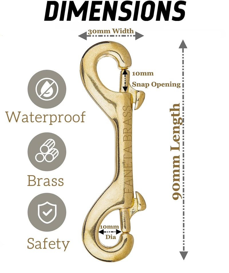[Australia - AusPower] - Solid Brass Double Ended Bolt Snap Hook, Marine Grade Double End Scuba Diving Clips, Heavy Duty Trigger Chain Clip Key Holder for Pet Feed Bucket Hammock Horse Tack (2-Pack) (90mm) 90mm 