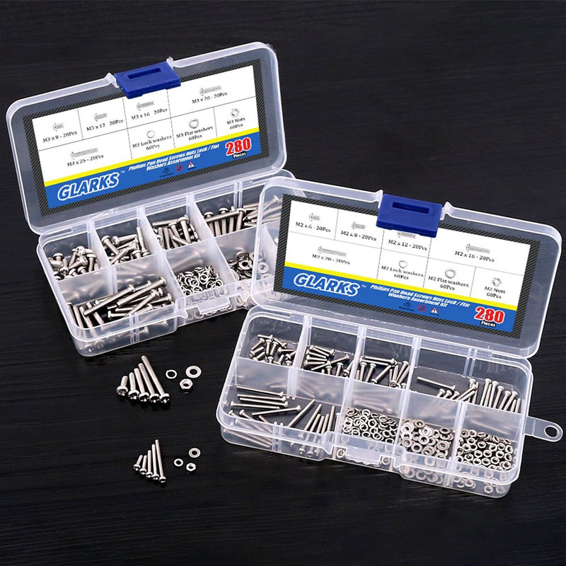 [Australia - AusPower] - Glarks 560Pcs M2 M3 Phillips Pan Head Stainless Steel Screws Bolts Nuts Lock and Flat Washers Assortment Kit 