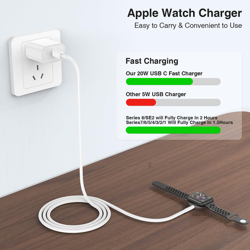 [Australia - AusPower] - Cabepow for Apple Watch Charger,USB C Magnetic Apple Watch Charging Cable 6FT with 20W USB C Charger Block for iWatch Series Ultra/9/8/7/6/SE/SE2/5/4/3/2/1-White White 