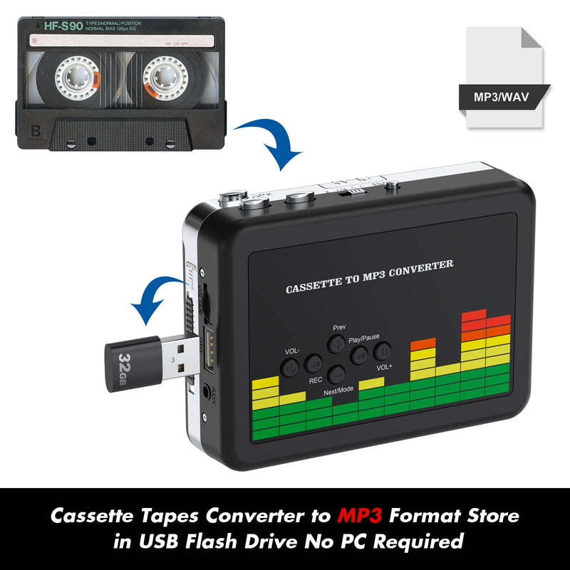 [Australia - AusPower] - DIGITNOW USB Cassette Player, Portable Walkman Stereo Tape to MP3 Converter, Audio Music Recorder to MP3 Digital File Converter with Earphones, No PC Required, Black, BR607 