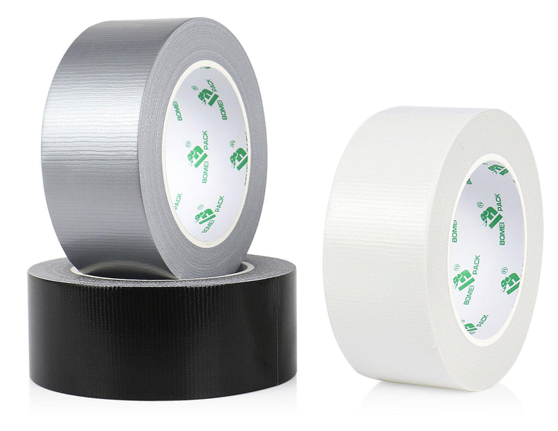 BOMEI PACK Black White Silver Duct Tape 1.88inch x 30yds, 9.0mil Heavy Duty Industrial Strong Duct Tape for Indoor Outdoor Repair Fixation Reinforcement Sealing, Total 3Rolls 90Yds
