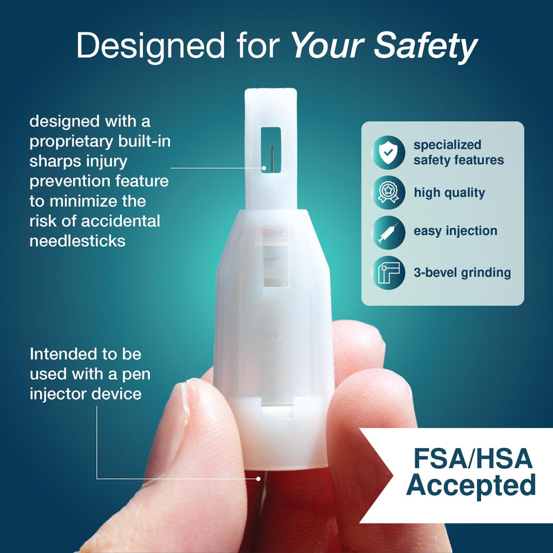 [Australia - AusPower] - Safety Pen Needles 31G x 6mm, 100ct Box, Sterile Needles with Locking System for Max Protection, Stable Sliding Shield for Gentle Touch & Easy Attachment, Compatible with Most Pen Injectors 