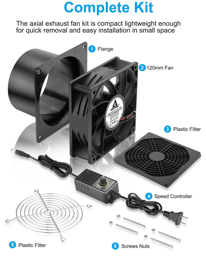 GDSTIME 120mm x 38mm 12V DC Axial Fan with 4 Inch Duct Flange Variable Speed Controller, 110V 120V AC Powered, Small Air Exhaust Fume Smoke Extractor Kit for Soldering, 3D Printer Enclosure 1238 Fan + 1 Flange