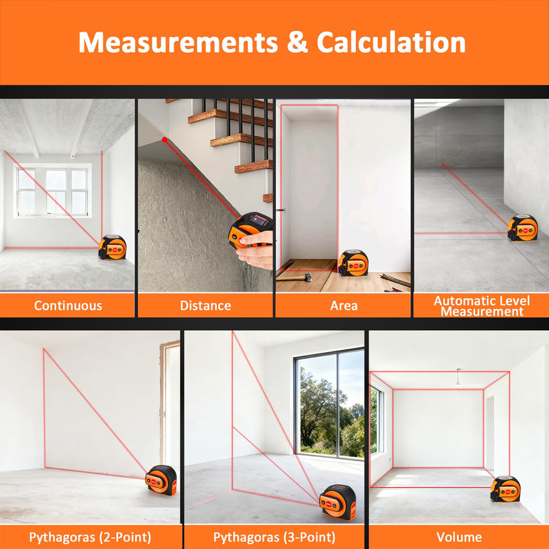 3-in-1 Laser Tape Measure, 197ft Laser Distance Meter, 16ft Digital Tape Measure, Digital Level, Pythagorean/Area/Volume, Rechargeable, Ft/Ft+in/in/M Units, 40 Data Sets