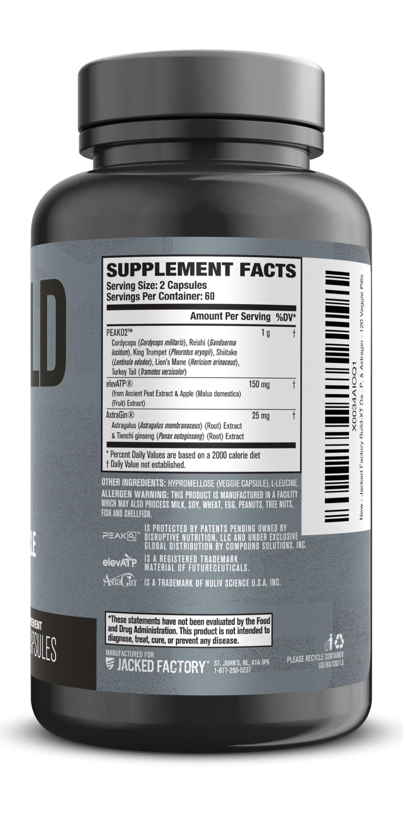 Jacked Factory Build-XT Daily Muscle Builder & Performance Enhancer - Muscle Building Supplement for Muscular Strength & Growth | Trademarked Ingredients Peak02, ElevATP, & Astragin - 120 Veggie Pills 120 Count (Pack of 1)