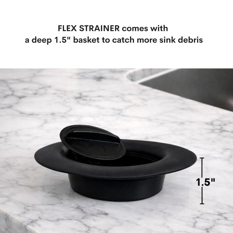 Flex Strainer® Sink Drain Strainer with Optional Stopper – No Center Stem, Fits Standard 3½” Sink Drains & Disposals – Easy Clean, Dishwasher Safe – Made in USA – Black, 2-Pack 2PK