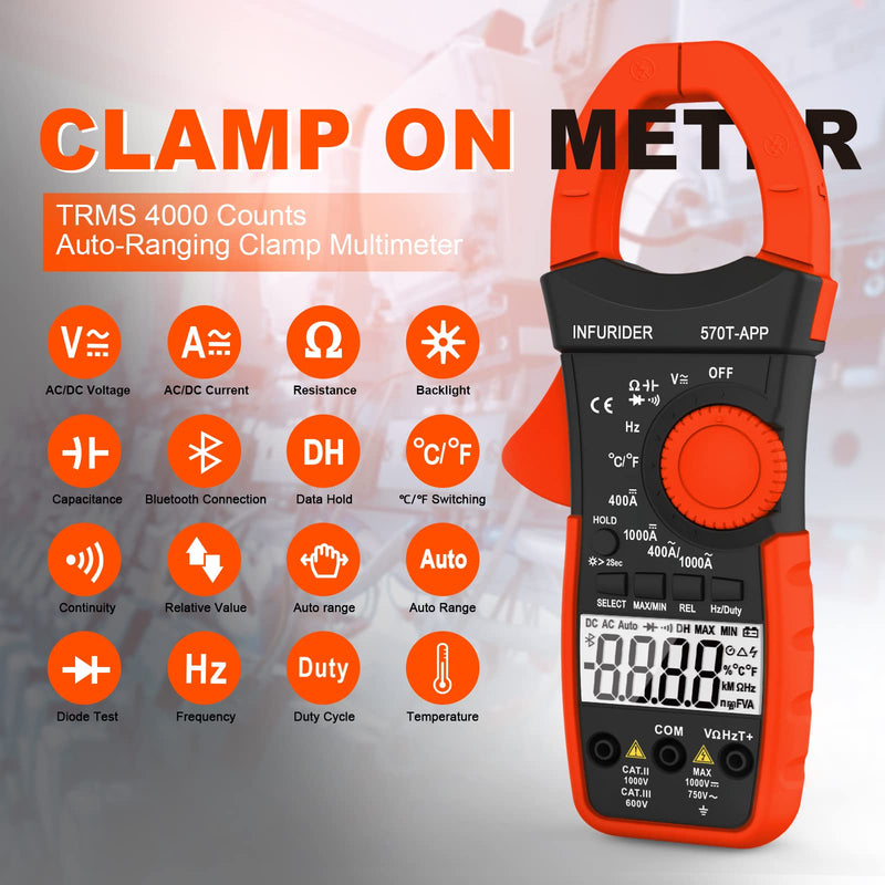 [Australia - AusPower] - Wireless Clamp Meter, 1000A AC/DC Current Amp Clamp, TRMS 4000 Counts Auto Range Clamp on Ammeter, Bluetooth Clamp Multimeter Measures Voltage, Capacitance, Ohm, Hz and Temperature 
