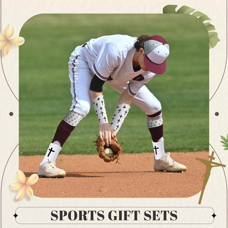 TrelaCo 2 Sets Cross Grip Socks with 2 Pcs Christian Athletic Tape Jesus Soccer Grip Socks Cotton Sports Athletic Tape Serrated Edges for Easter Gifts Football Baseball(White,Cross) White