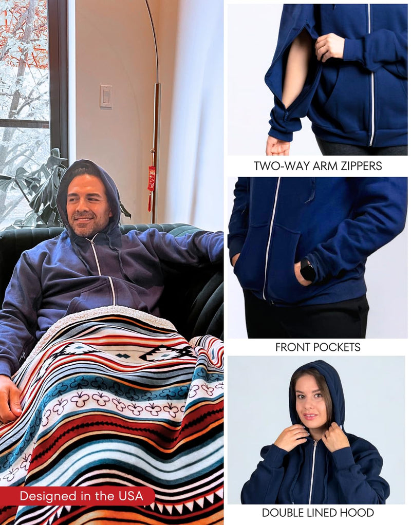 Inspired Comforts Dialysis Port Access Unisex Hoodie with Two Way Arm Access Zip Medium Navy