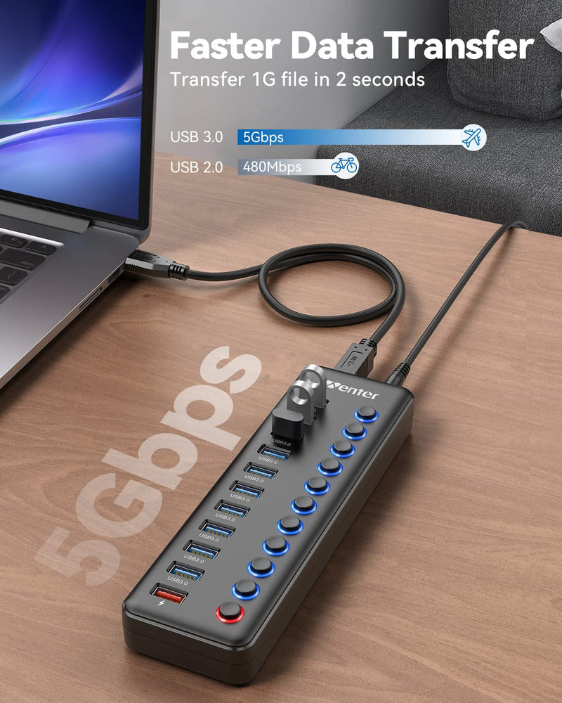 [Australia - AusPower] - Powered USB Hub, Wenter 11-Port USB Splitter Hub (10 Faster Data Transfer Ports+ 1 Smart Charging Port) with Individual LED On/Off Switches, USB Hub 3.0 Powered with Power Adapter for Mac, PC 10 USB 3.0 ports + 1 Charging port 