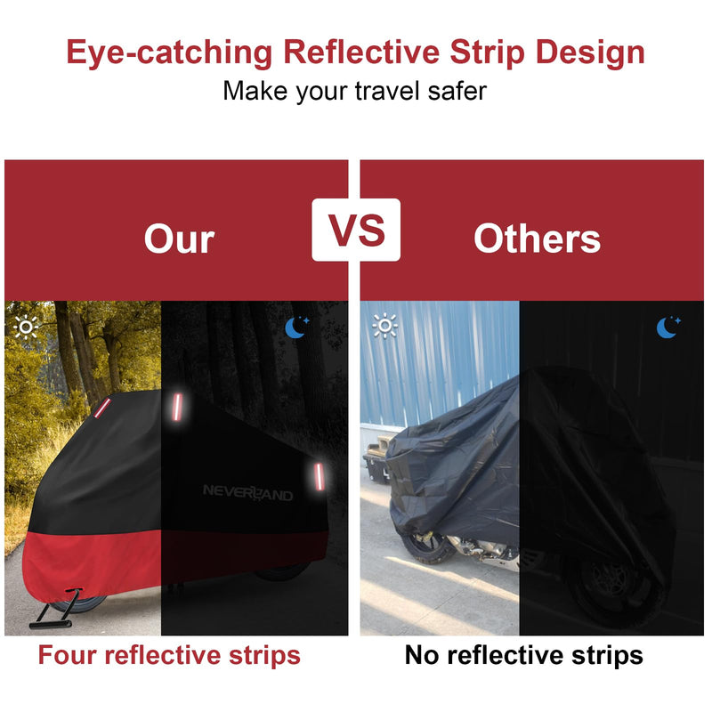 [Australia - AusPower] - NEVERLAND Motorcycle Cover Waterproof Outdoor, 300D Motorcycle Cover Heavy Duty Outdoor All Season Protection, Universal Motorbike Cover with Night Reflective, Lock-Holes, Storage Bag (Up to 86") L 