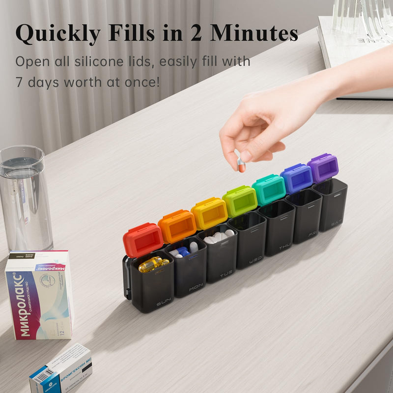 [Australia - AusPower] - Weekly Pill Organizer Magnetic, Removable Pill Box 7 Day 1 Time a Day, Large Pill Case Travel, Week Once Daily Medication Dispenser, Medicine Container Holder for Supplement Vitamin, Black 