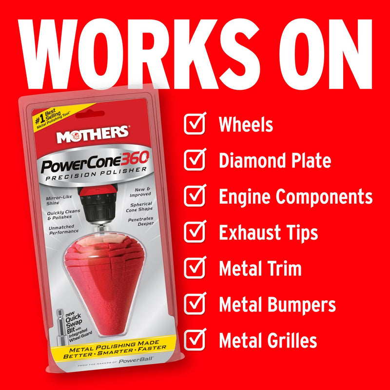 [Australia - AusPower] - Mothers PowerCone 360, Polishing Tool with Quick Swap Bit — Patented Spherical Cone for Deep, Safe Metal Polishing in Hard-to-Reach Areas — Ideal for Wheels & Curved Surfaces (05146) PowerCone 360 Metal Polishing Tool Single Unit 