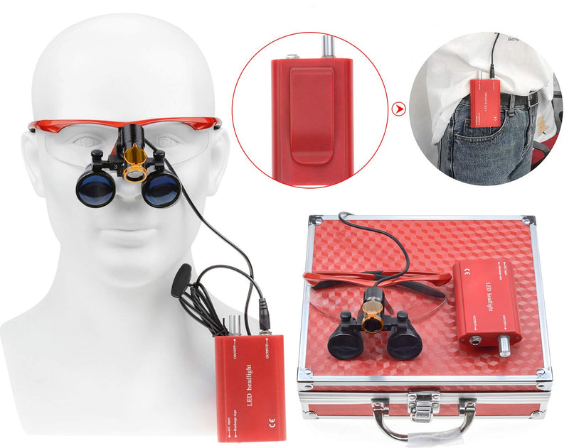 BoNew 3.5X Surgical Binoculars Magnifier Optical Glass 5W LED Headlight Powerful with Clip On Filter Aluminum Box (Red)