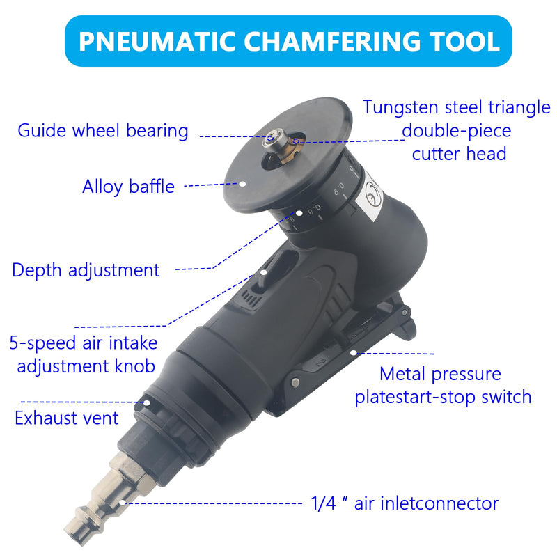 Pneumatic Chamfering Tool – 45° Mini Air-Powered Chamfer Machine for Beveling & Deburring, Adjustable Depth & Speed, 1/4" Air Inlet, R Angle Blades for Metal, Wood, Acrylic Chamfer Tool With R Angle Blades(8pcs)