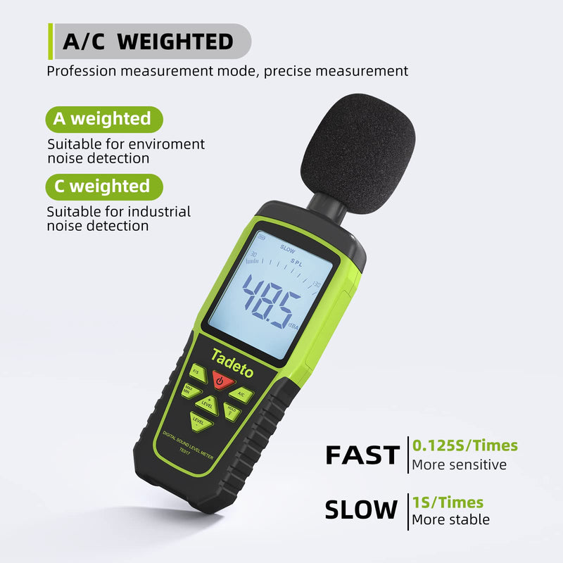 [Australia - AusPower] - Decibel Meter, Tadeto Digital Sound Level Meter Portable SPL Meter 30dB to 130dB(5 Measurement Range) Backlight LCD Display, MAX/MIN Noise Measurement, Audible and Visual Alarms,Data Hold, A/C Mode Green 