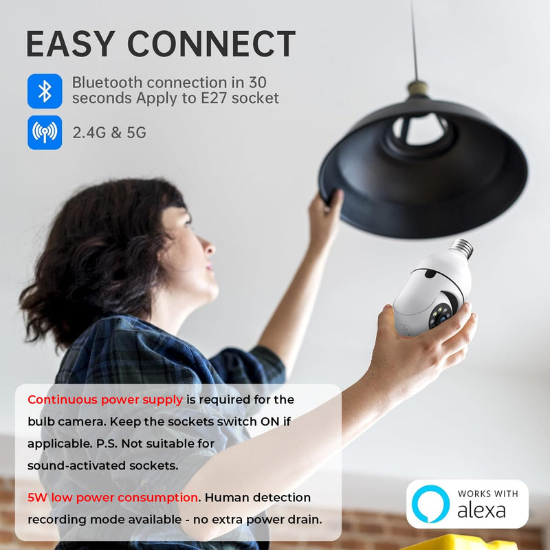 [Australia - AusPower] - Light Bulb Security Camera 2 Packs, 5G&2.4GHz 2K Security Cameras Wireless Outdoor 360° PTZ Cameras for Home Security with Color Night Vision, 2 Way Talk, AI Human Detection, Screw in Light Socket 2Pack 3MP 