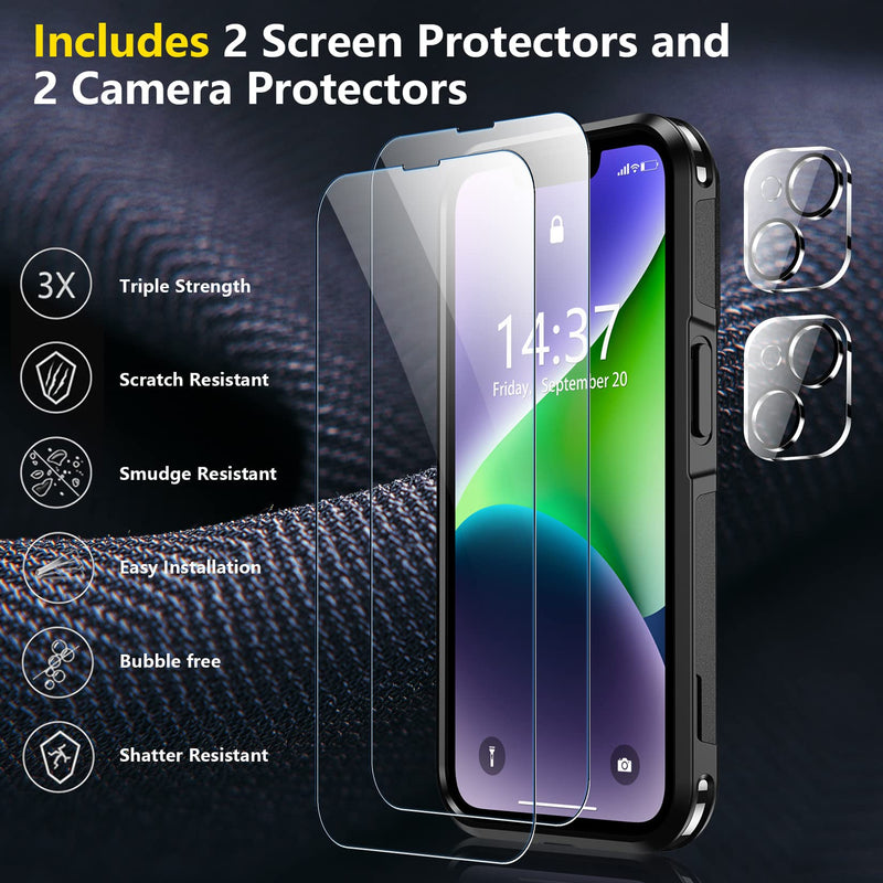 [Australia - AusPower] - SPIDERCASE for iPhone 14 Case/iPhone 15 Case, [15 FT Military Grade Protection] 2 Pack [Tempered Glass Screen Protectors+Camera Lens Protectors] Heavy Duty Shockproof Case, Black 