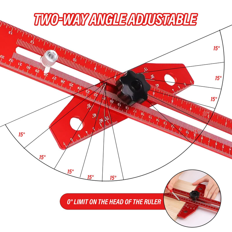Woodworking Scriber Marking Line Ruler T Type Woodworking Ruler 16 inch Layout and Measuring Tools Precision Marking T-Ruler Positioning Scribing(Red)