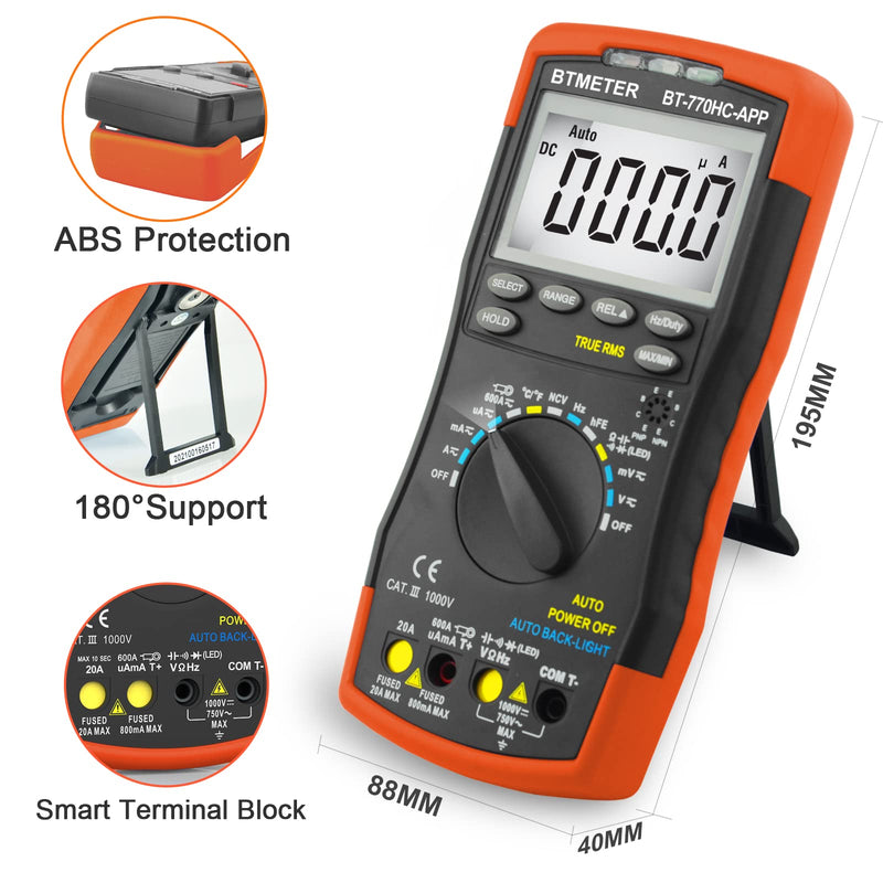 BTMETER Digital Multimeter, Handheld TRMS 6000 Multi Meter Auto Range Voltmeter Ammeter Measure AC DC Volt Amp Ohm Continuity Capacitance Frequency Diode hFE Transistor Temp 770HC-APP 6000 Counts Multimeter Logger 770HCAPP