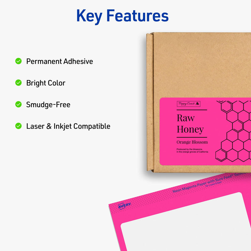 Avery Printable Shipping Labels with Sure Feed, 2" x 4", Assorted Neon Colors (Magenta, Green, Yellow), Laser & Inkjet Compatible, 150 Blank Labels Total (5978) 2 in x 4 in