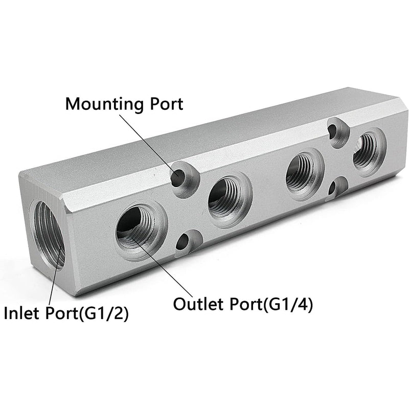 [Australia - AusPower] - 4 Way Pneumatic Manifold Air Distribution Block, Aluminum Alloy Air Compressor Manifold Distribution Block, G1/2 Supply Port, G1/4-Inch Output Port (4 Way 6 Port) 4 Way 6 Port 
