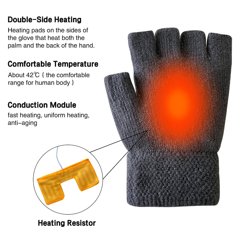 [Australia - AusPower] - Women's & Men's USB Heated Gloves Mitten Full & Half Fingerless Winter Hands Warmer Laptop Gloves Pure Grey 