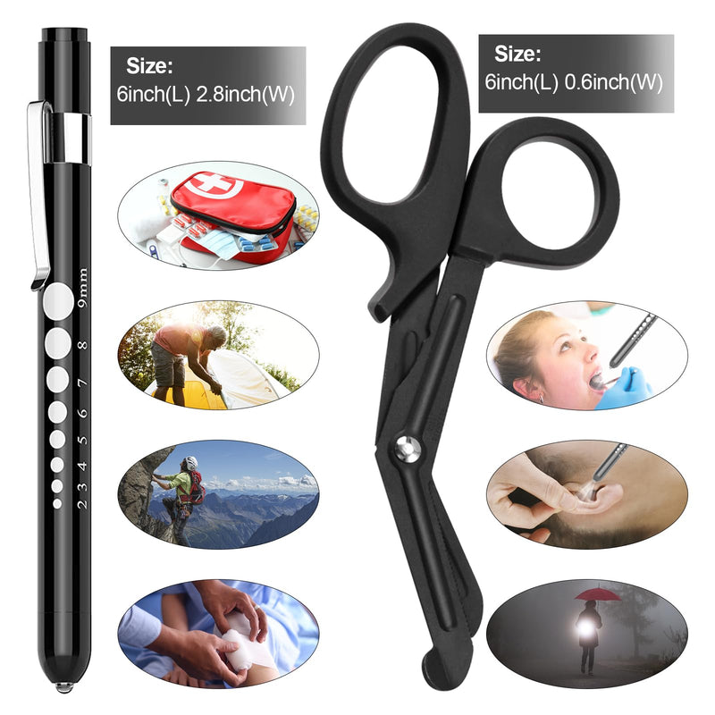 [Australia - AusPower] - 2 Pack Medical Scissors and Penlights for Nurses Medical Supplies with One Medical Pen light, One 6 inches Scissors Trauma Shears for First Aid EMT (Black) Black 