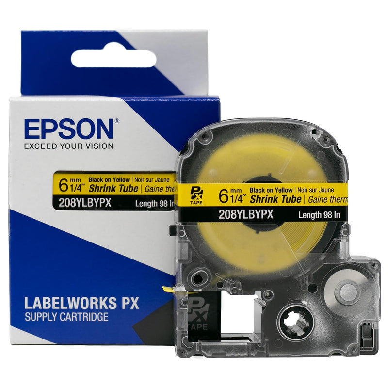 Epson LABELWORKS 208YLBYPX Genuine Tape Cartridge - Black on Yellow Shrink Tube Industrial Label Maker Tape - AWG 6-18, 1/4" (6MM) Wide, 8 ft (98") 8MM(6-18AWG)