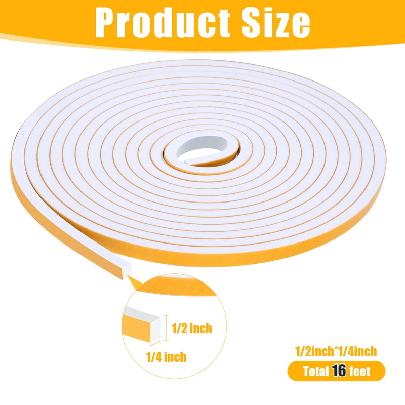 [Australia - AusPower] - 16Feet Weather Stripping Seal (1/2 Inch X 1/4 Inch) for Door Window, High Density Foam Tape, Soundproofing, Insulation Strip, Door Sealers for Door Frame- White 1/2 Inch X 1/4 Inch X 16Feet 