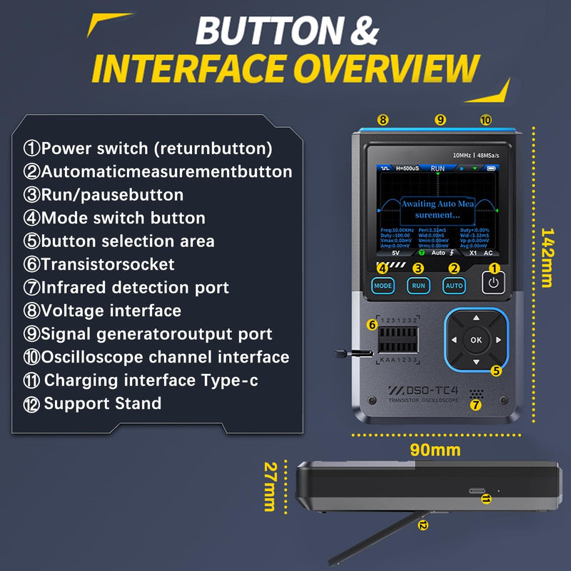 DSO-TC4 Oscilloscope, 3 in 1 Digital Oscilloscope/Transistor Tester/Signal Generator, 10 MHz Bandwidth, 48 MSa/s Sample Rate with Overheating Protection
