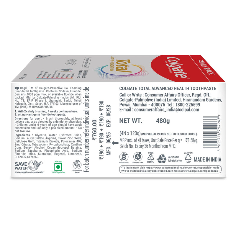Colgate Total Advanced Health Toothpaste, Toothpaste with 12-Hour Protection, Whole Mouth Health Pack of 4 (120g/4.2oz x 4 = 480g/17oz)