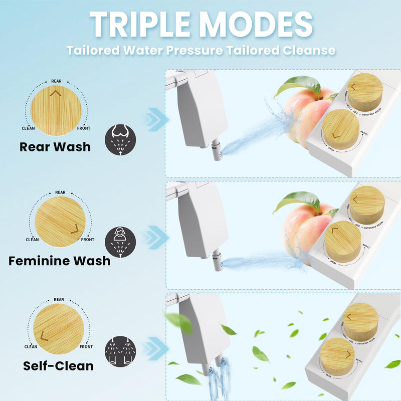 Toilet Bidet With Left/Right Side Reversible Design, Fresh Water, Non-Electric, Toilet Bidet Attachment, Right/Left Hand Side with Dual Nozzle, Self-Clean, Easy to Install (Bamboo Knob) Bamboo Knob