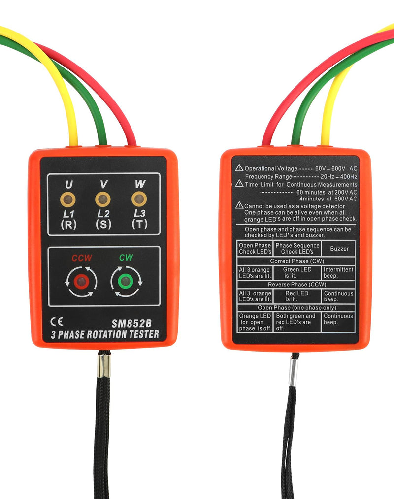 QWORK Phase Tester, Rotary Field Meter for 3 Phases, 60 V ~ 600 V AC, 20-400 Hz, with Buzzer Tester and Crocodile Clips