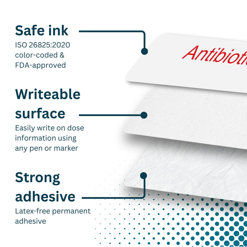 Antibiotic Medical/Syringe Labels - Box of 800 Labels on Roll (1" core). 12mm x 40mm (Approx 0.5" x 1.5"). Latex-Free Permanent Adhesive. Printed in Australia by Specialist Medical Printer. Antibiotic
