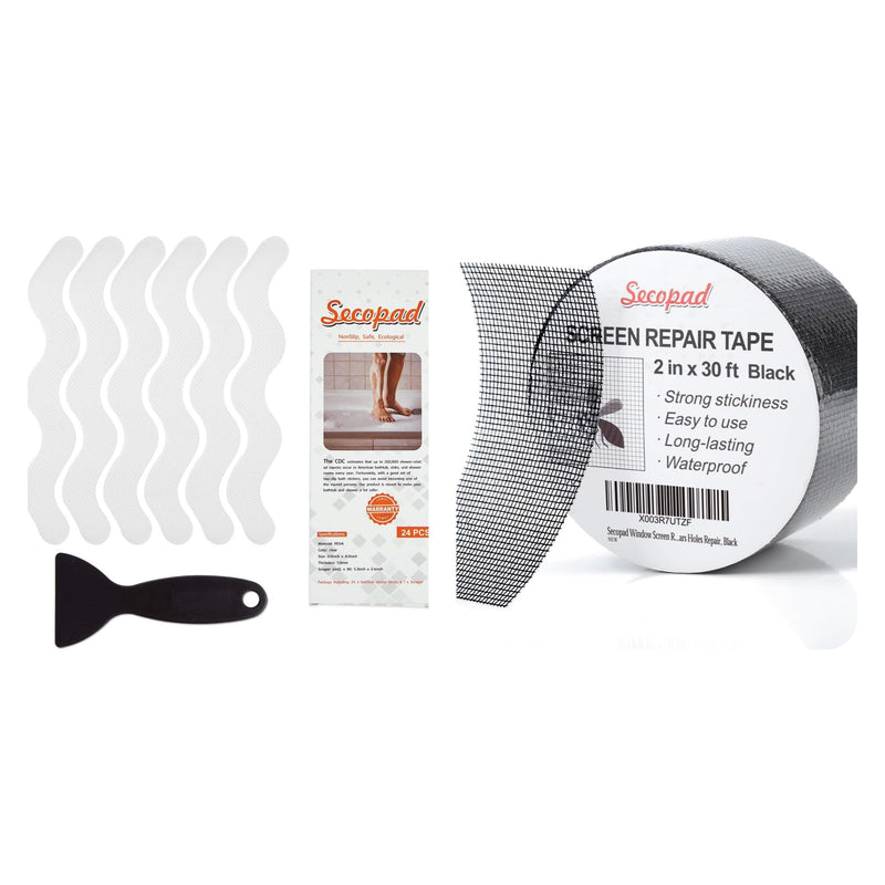 Secopad 24 PCS Patented Anti Slip Shower Stickers and 2 in X 30 FT (360IN) Black Window Screen Repair Tape
