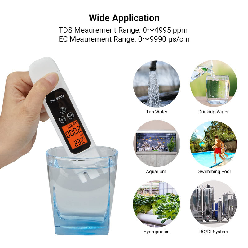 [Australia - AusPower] - TDS Meter Digital Water Tester, INKBIRD Professional Electronic 3-in-1 TDS, Temperature and EC Meter, 0-4995ppm, Ideal ppm Meter for Drinking Water, Aquariums, and More Lab Viscometers(White) 