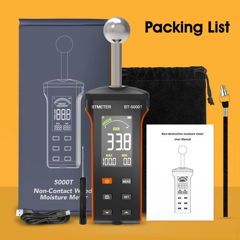 [Australia - AusPower] - BTMETER Wood Moisture Meter - Pinless Moisture Detector Measur Depth 20-40mm Non-Destructive Moisture Tester with Masonry Spherical Sensor Sound Alarm LCD Display for Firewood Walls Flooring Concrete 