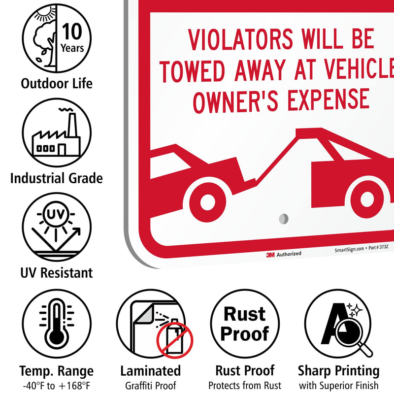 SmartSign 18 x 12 inch “Private Parking - No Parking, Violators Towed At Vehicle Owner's Expense” Metal Sign, 63 mil Aluminum, 3M Laminated Engineer Grade Reflective Material, Red and White, USA-Made