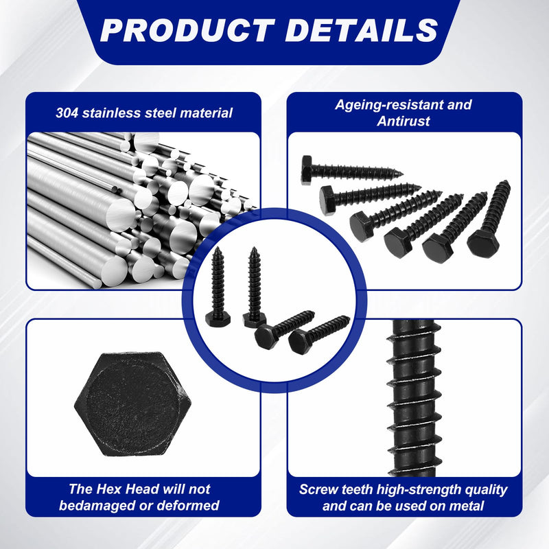 [Australia - AusPower] - Blulu 60 Pcs 304 Hex Head Lag Screws Stainless Steel Lag Bolts for Wood Plain Finish Hexagon Head Wood Screws(Black, 1/4'' x 1-1/2'') 1/4'' x 1-1/2'' Black 